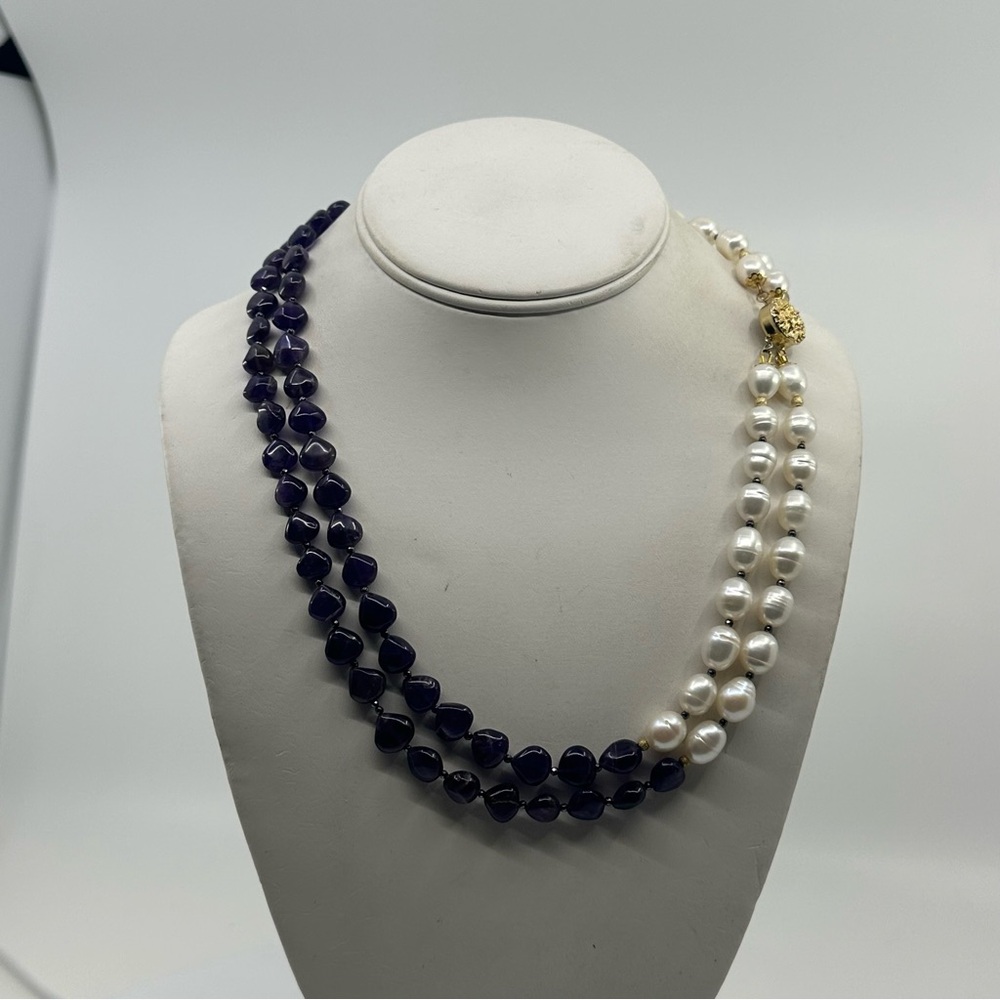 New Double Strands Amethyst & White Pearls Necklace with Sterling Silver Clasp